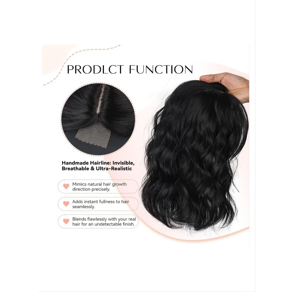 LEEONS 11 Inch Short Wavy Hair Topper 6.5x6.5 Base Synthetic Natural Black 1B